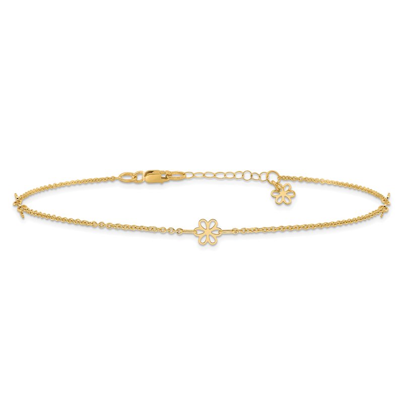 14K Flowers 3-Station with Flower Dangle 10 inch Plus 1 inch Extender - Total 11 inch Anklet ANK306