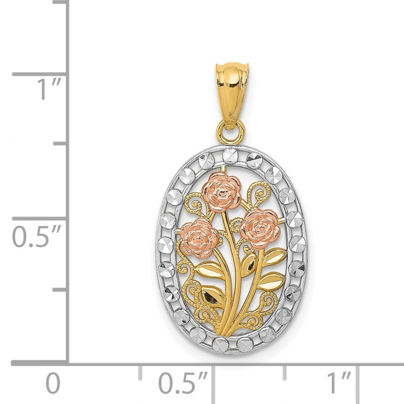 14k Yellow and Rose Gold with White Rhodium Oval 3 Rose Pendant K5310