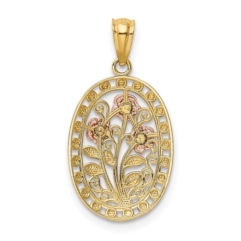 14k Yellow and Rose Gold with White Rhodium Oval 3 Rose Pendant K5310