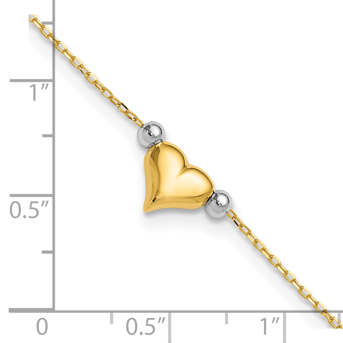 14k Two-tone Polished Puffed Heart with Beads 10 inch Anklet ANK48
