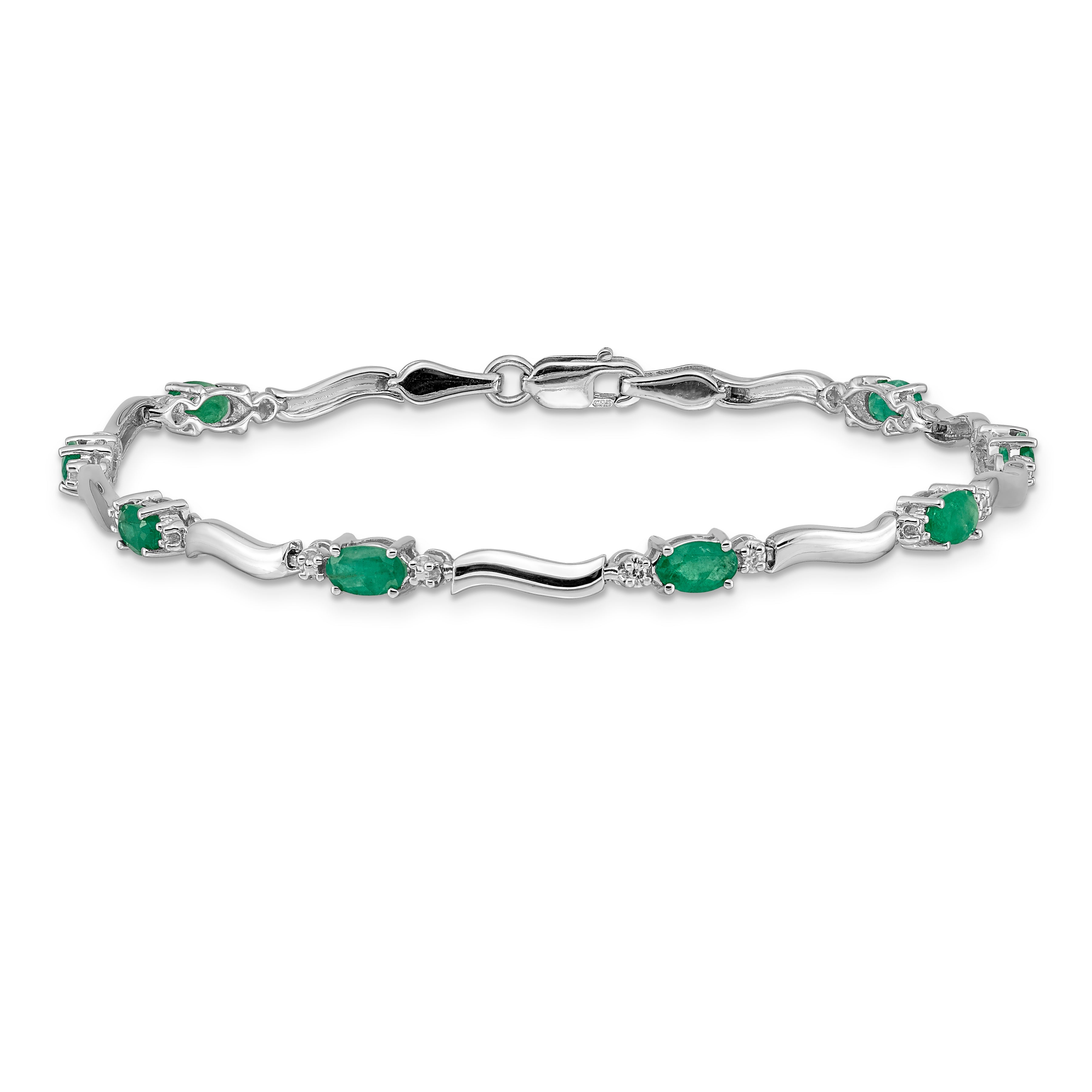 14k White Gold Complete Diamond and Oval Emerald Wavy Link 7 inch Bracelet BM4474
