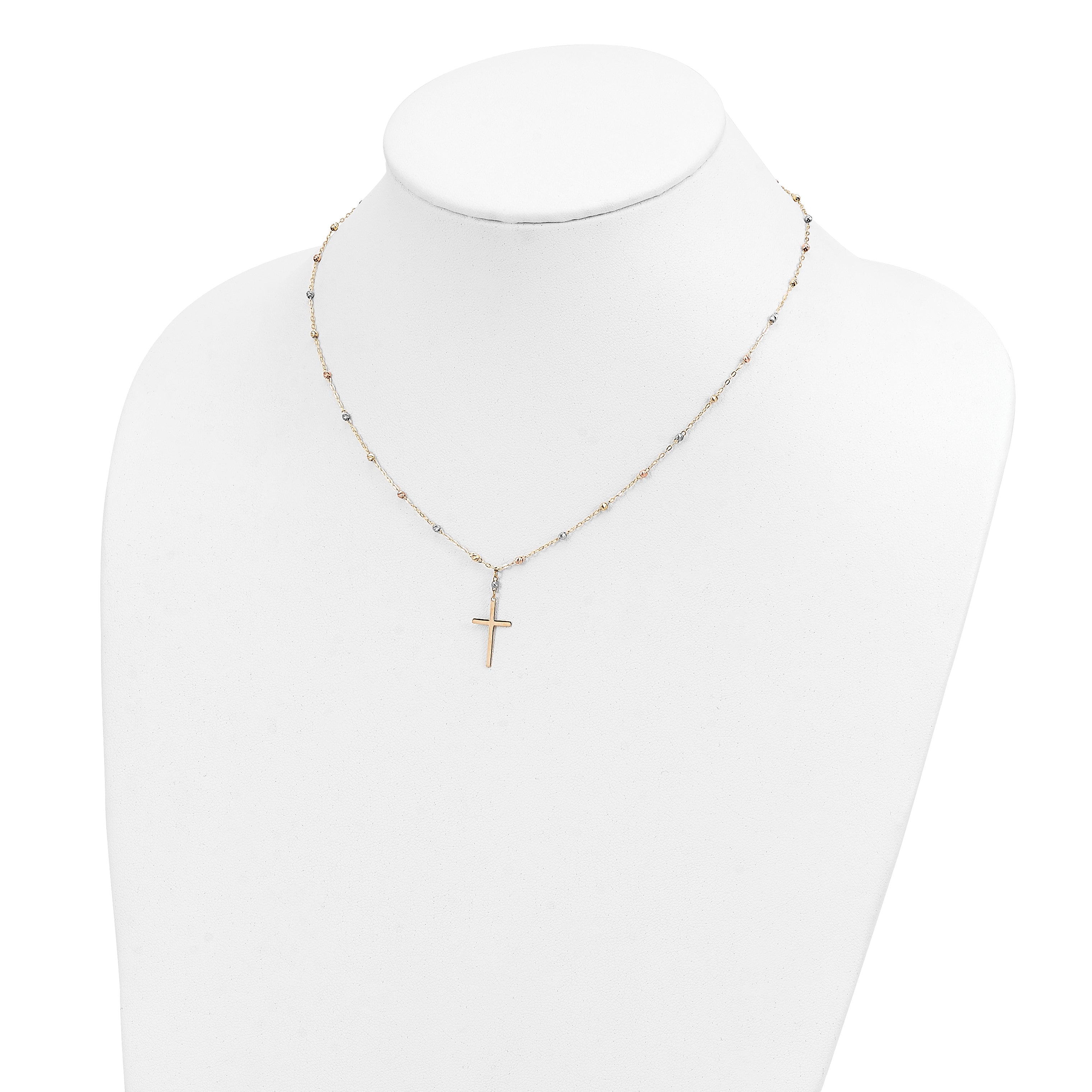 14k Tri-color Diamond-cut Beaded Chain with Polished Cross Pendant 17 inch Necklace SF2501