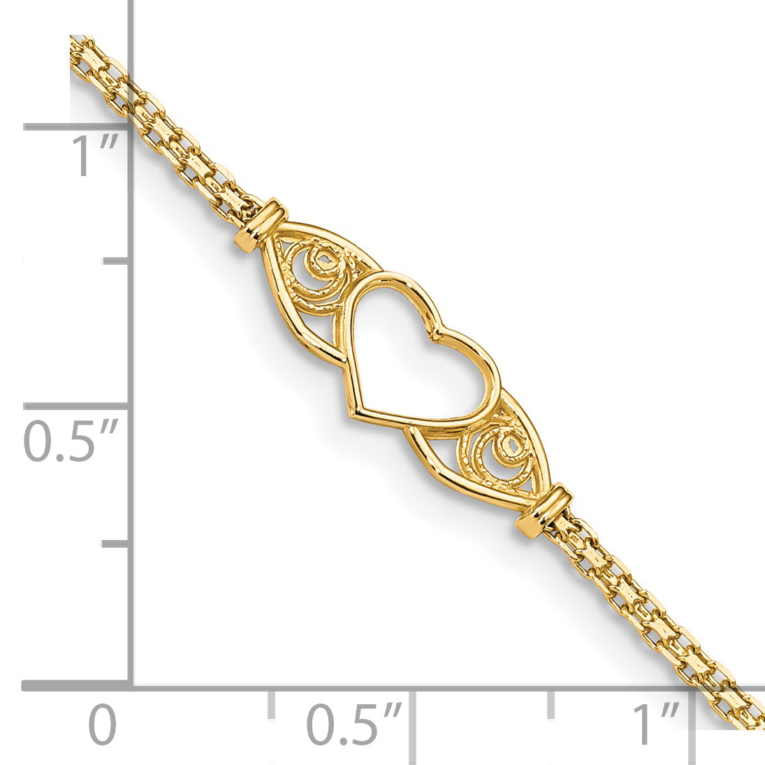 14k Polished Open Heart with Filigree and Bismark Chain 10 inch  Anklet ANK118
