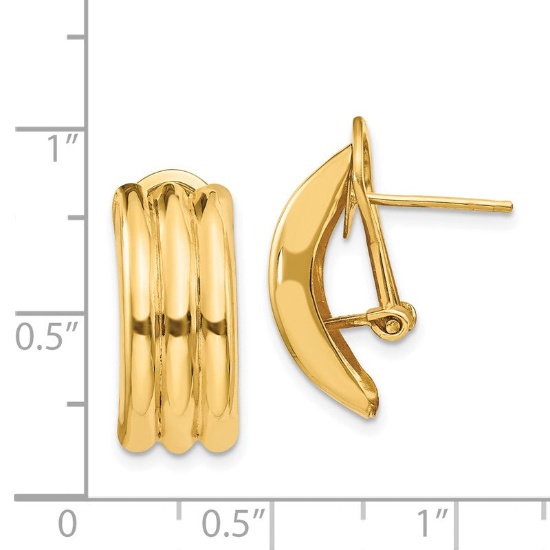 14k 8.5x20mm Polished Ribbed Omega Back Post Earrings H954