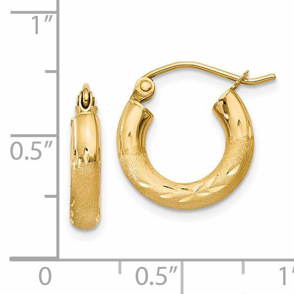 14k 3x14mm Satin Diamond-cut Round Tube Hoop Earrings TC292