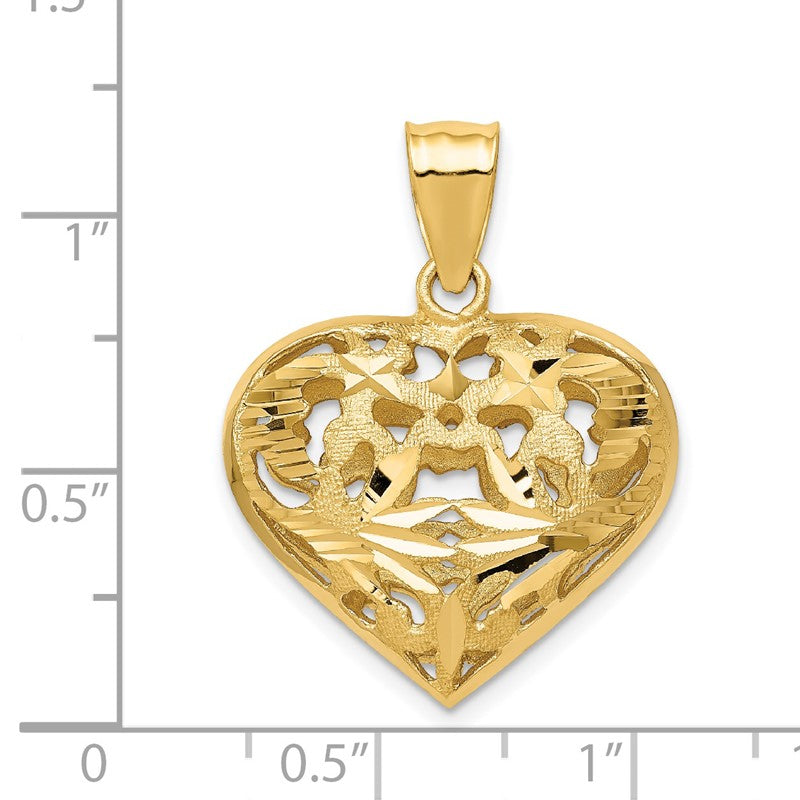 14k Polished Diamond-cut Fancy 3-D Heart Charm C206
