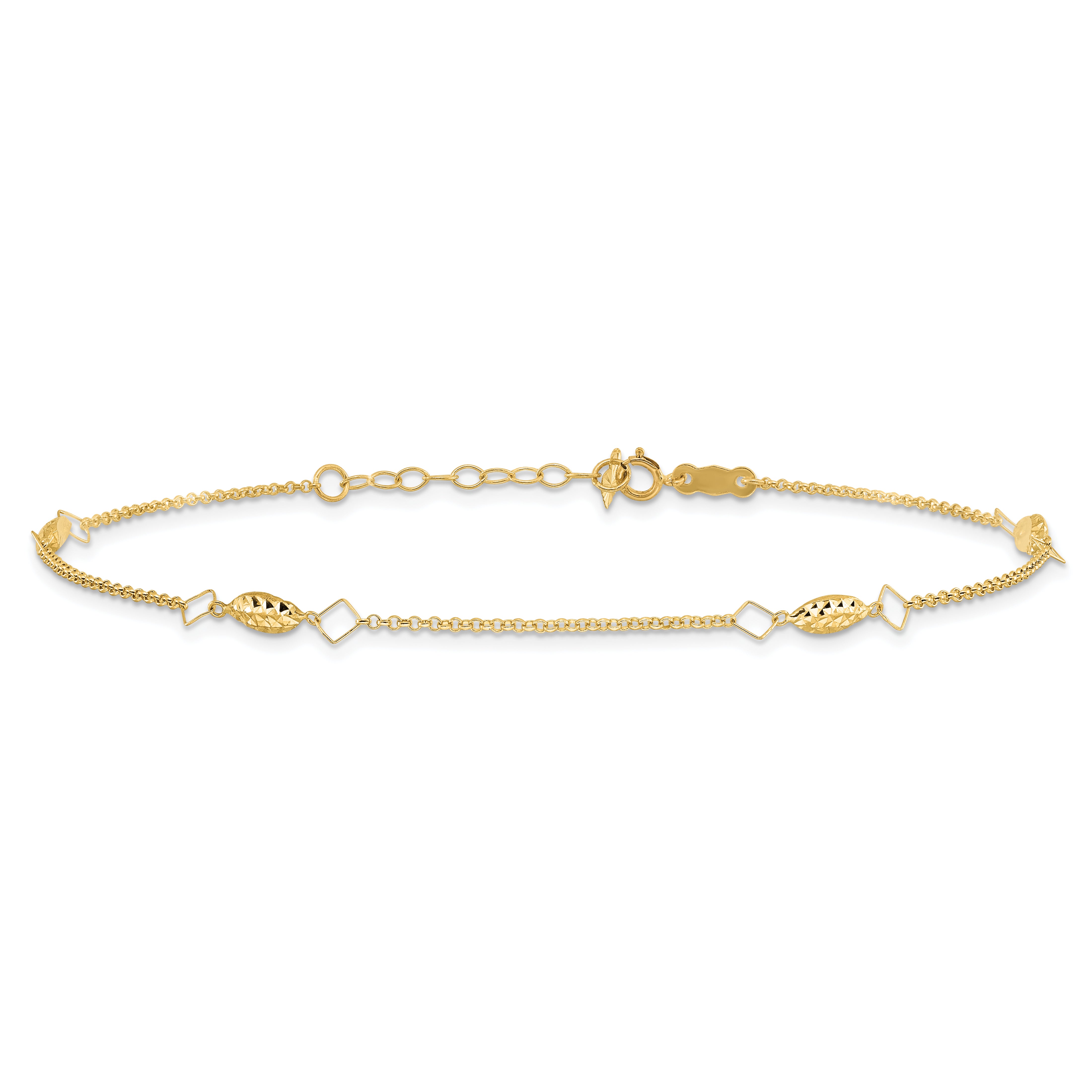14K Diamond-cut Rice Puff Beads 4-Station 9 inch Plus 1 inch Extender - Total 10 inch Anklet ANK272