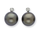 14k White Gold 10-11mm Black Round Tahitian Saltwater Cultured Pearl and .10 Carat Diamond Post Earring XF353E