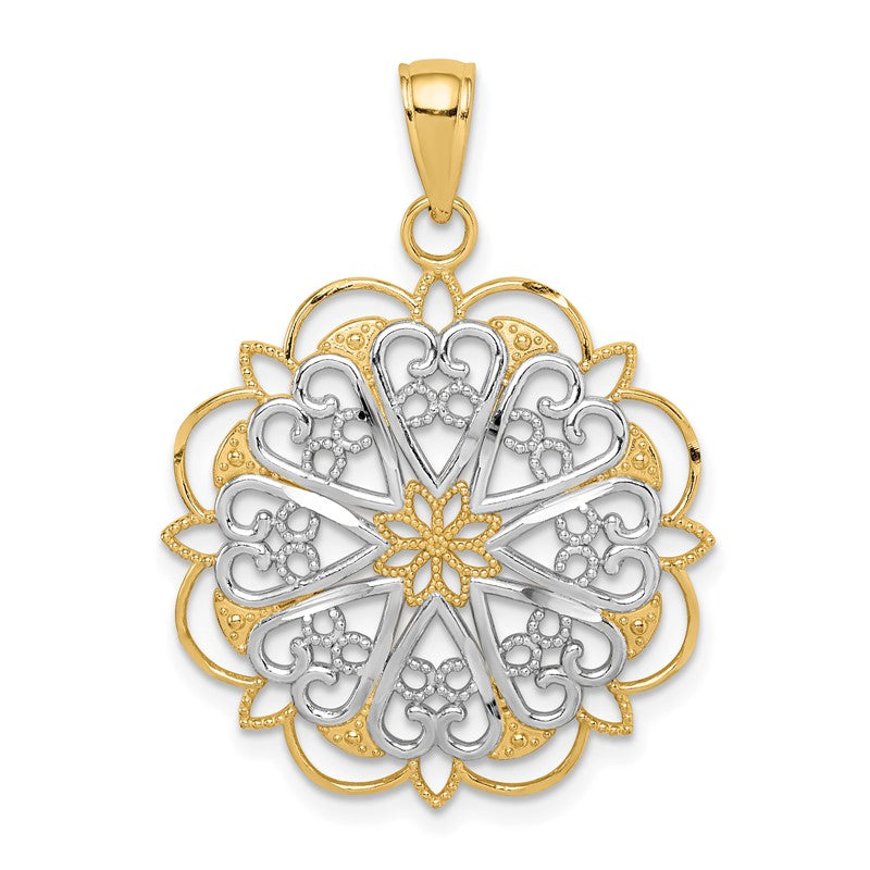 14K and White Rhodium Filigree Hearts with Scalloped Edge Pendant K3462