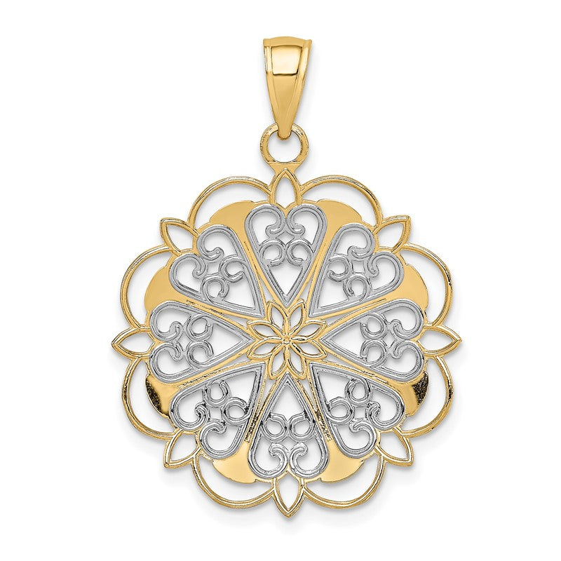 14K and White Rhodium Filigree Hearts with Scalloped Edge Pendant K3462
