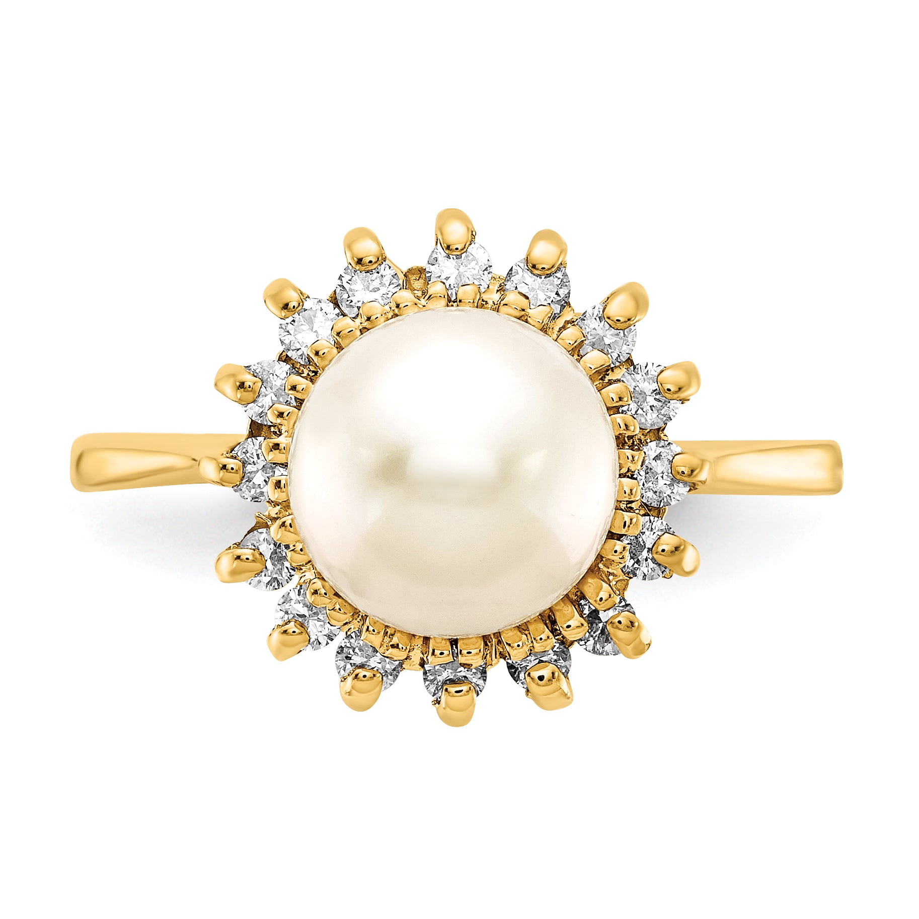 14k 7.5mm White Freshwater Cultured Pearl and 1/4 carat AAA Diamond Halo Ring Y4378PL/AAA