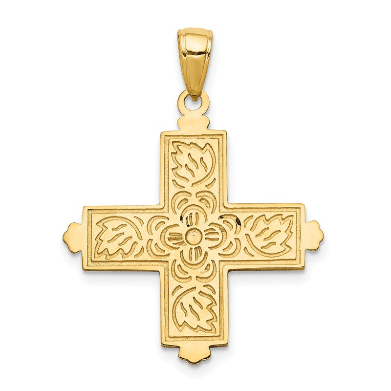 14K Etched Square Cross with Floral Reverse Pendant C4332