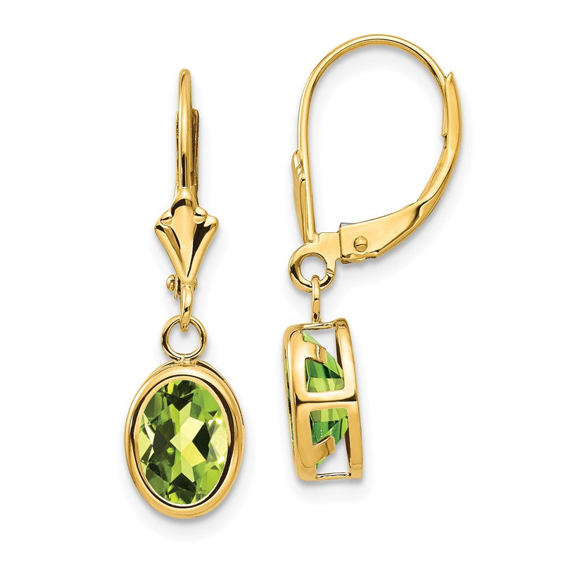 14k 8x6mm Oval Peridot Bezel Leverback Dangle Earrings XLB107PE
