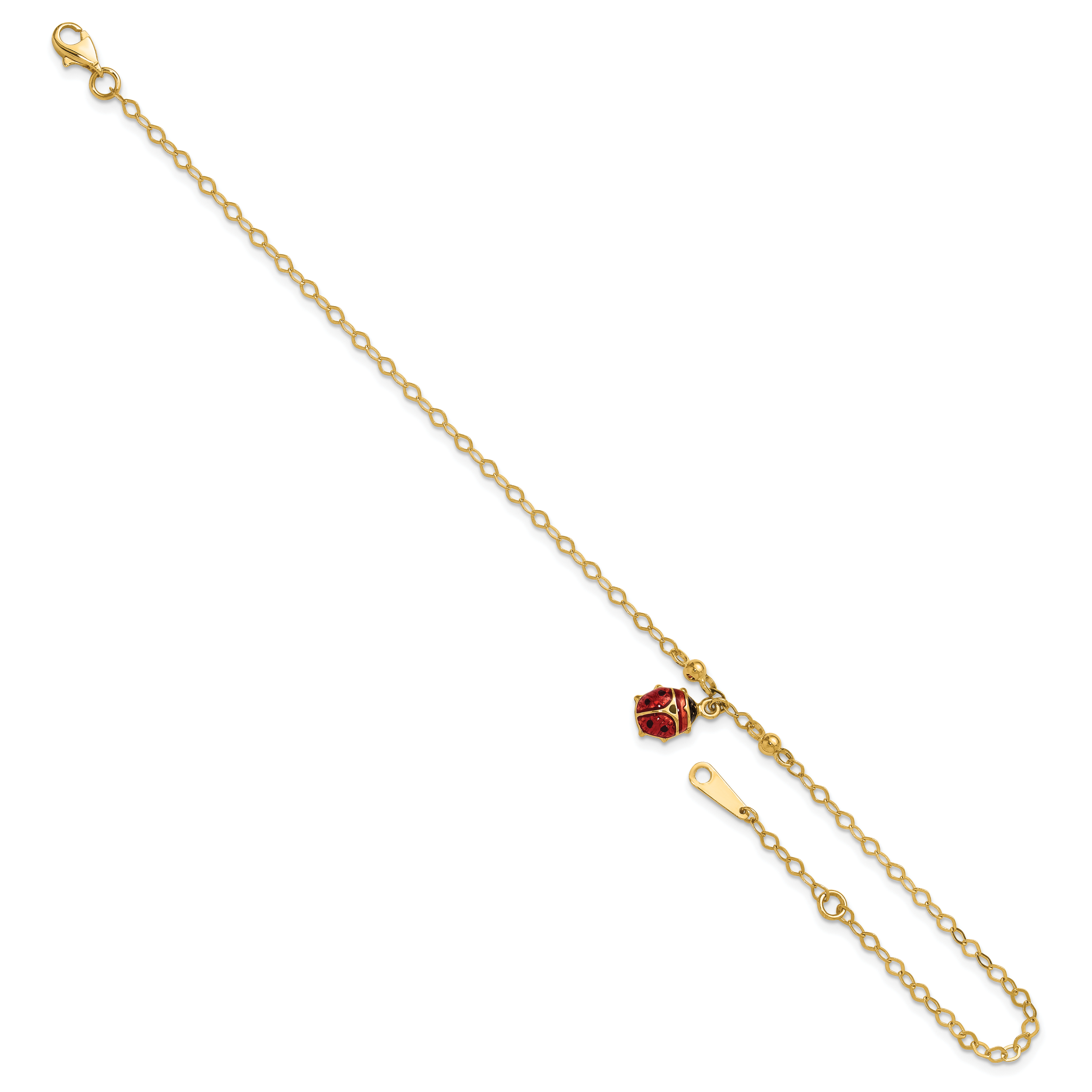 14K Red and Black Enameled Ladybug 9 inch Plus 1 inch Extender - Total 10 inch Anklet ANK197