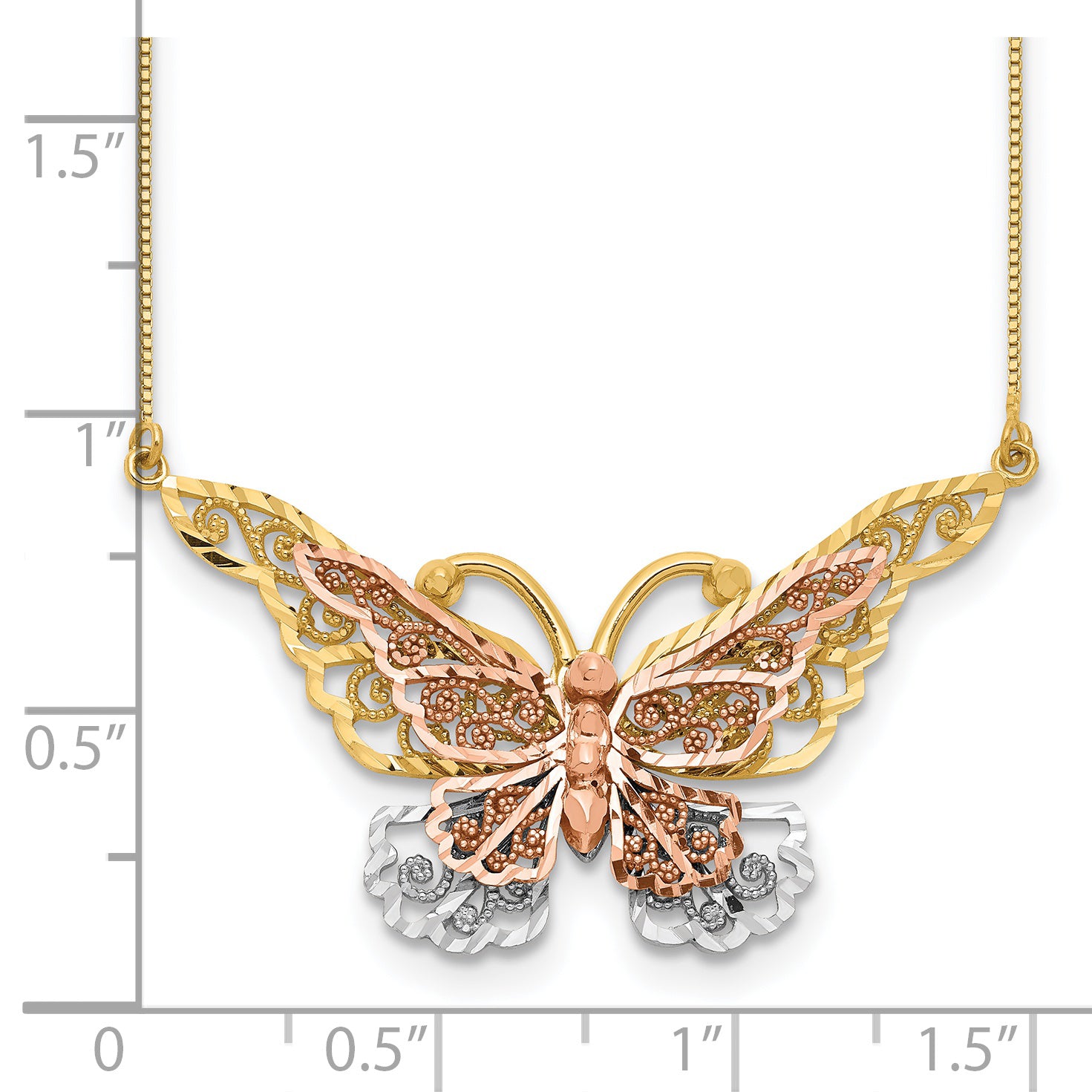 14k Yellow and Rose Gold with White Rhodium Large Filigree Butterfly 17 inch Necklace SF2042