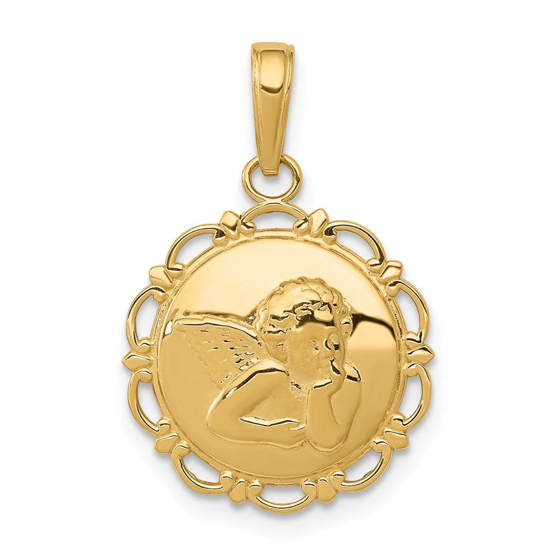 14K Polished Angel On Round Scallop Frame Pendant K5691