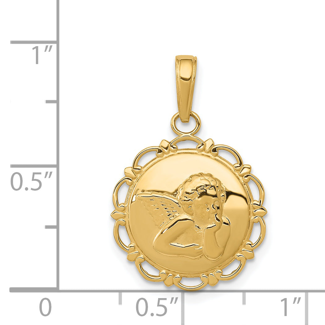 14K Polished Angel On Round Scallop Frame Pendant K5691