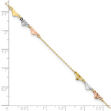 14K Tri-Color Diamond-cut Hearts 9 inch Plus 1 inch Extender - Total 10 inch Anklet ANK175