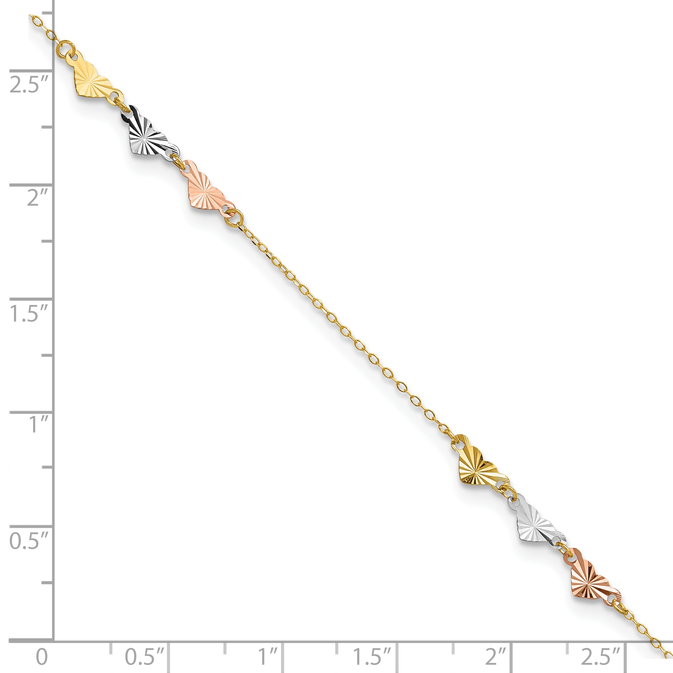 14K Tri-Color Diamond-cut Hearts 9 inch Plus 1 inch Extender - Total 10 inch Anklet ANK175