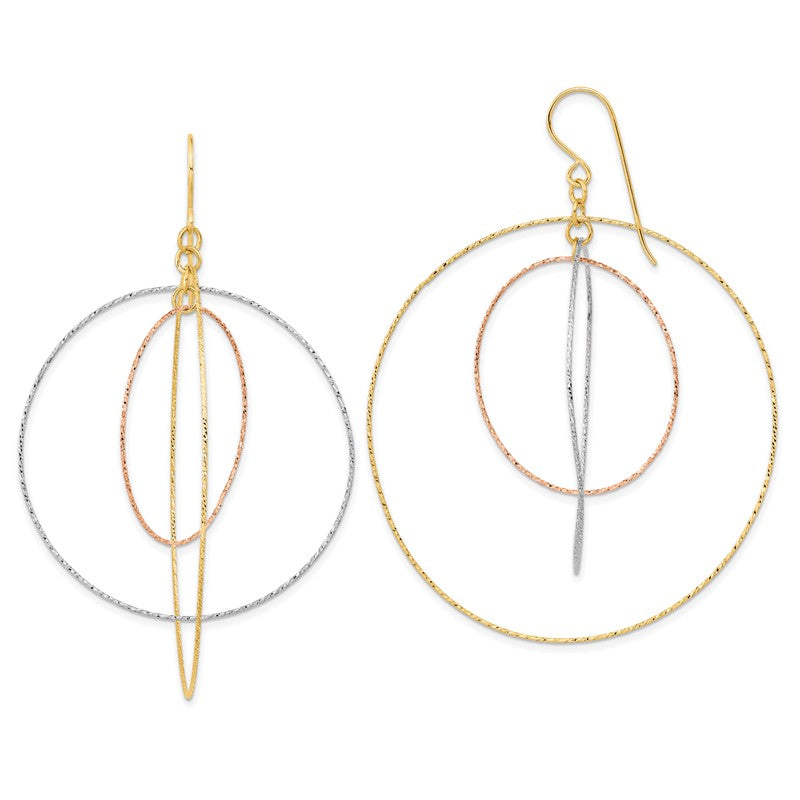14k Tri-color Diamond-cut Graduated Circles Dangle French Hook Earrings TL999
