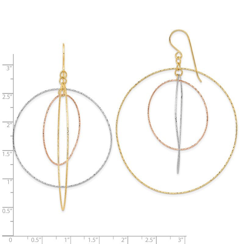 14k Tri-color Diamond-cut Graduated Circles Dangle French Hook Earrings TL999