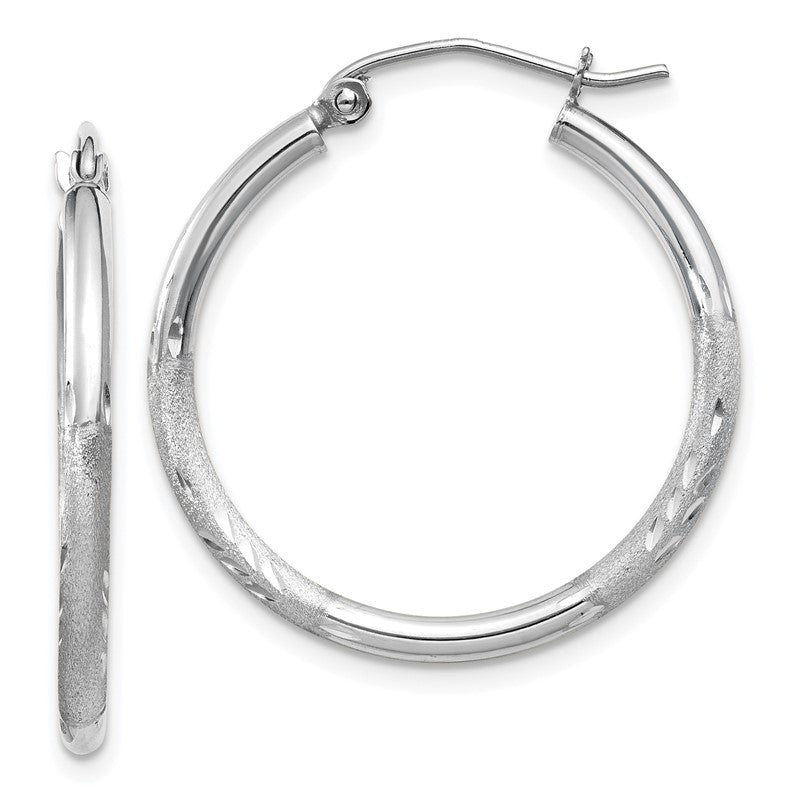 14k White Gold 2x25mm Satin Diamond-cut Round Tube Hoop Earrings TC197