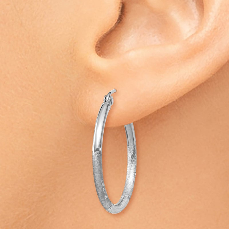 14k White Gold 2x25mm Satin Diamond-cut Round Tube Hoop Earrings TC197