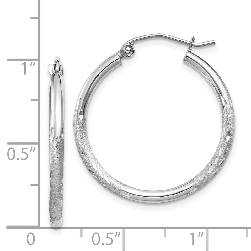 14k White Gold 2x25mm Satin Diamond-cut Round Tube Hoop Earrings TC197