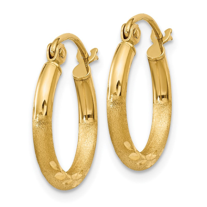 14k 2x15mm Satin Diamond-cut Round Tube Hoop Earrings TC211