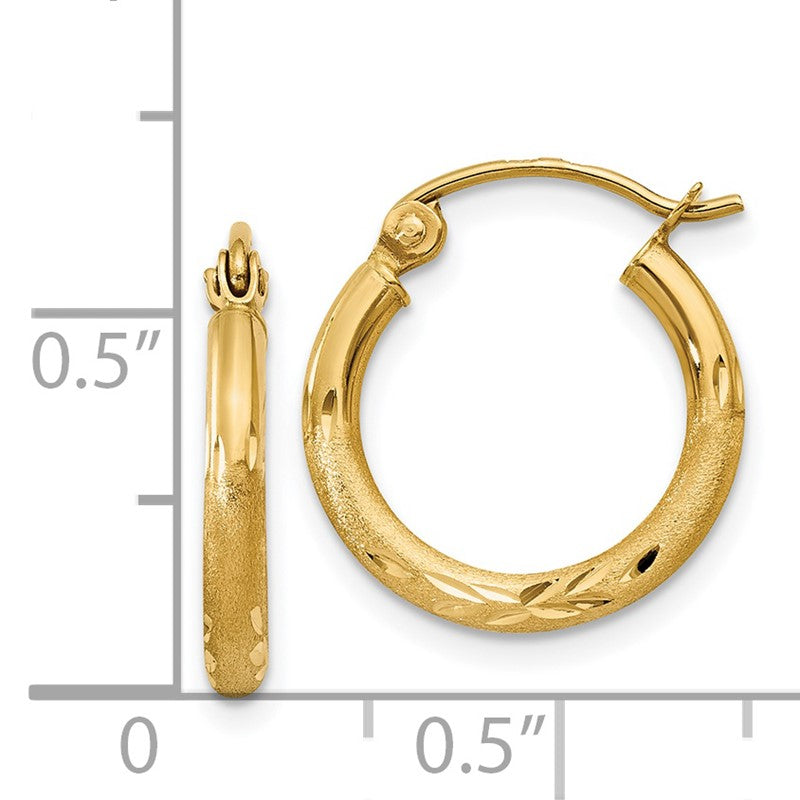 14k 2x15mm Satin Diamond-cut Round Tube Hoop Earrings TC211
