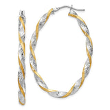 14k White Gold & Yellow Rhodium Twisted D/C Oval Hoop Earrings PRE782