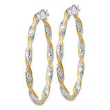 14k White Gold & Yellow Rhodium Twisted D/C Oval Hoop Earrings PRE782