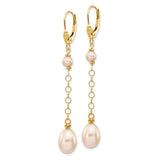 14k 5-8mm Pink Rice and Semi-Round Freshwater Cultured Pearl Chain Dangle Leverback Earrings XF226