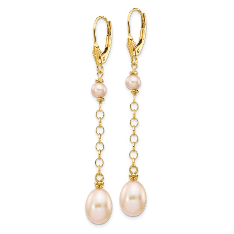 14k 5-8mm Pink Rice and Semi-Round Freshwater Cultured Pearl Chain Dangle Leverback Earrings XF226