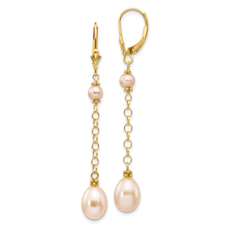 14k 5-8mm Pink Rice and Semi-Round Freshwater Cultured Pearl Chain Dangle Leverback Earrings XF226