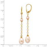 14k 5-8mm Pink Rice and Semi-Round Freshwater Cultured Pearl Chain Dangle Leverback Earrings XF226