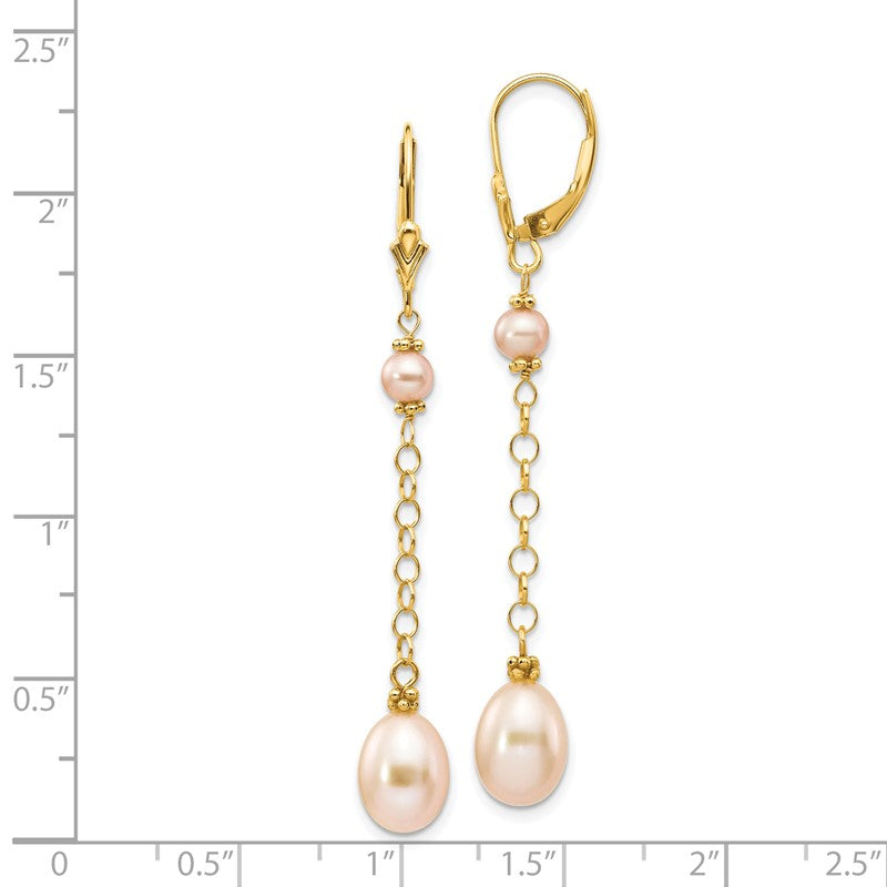 14k 5-8mm Pink Rice and Semi-Round Freshwater Cultured Pearl Chain Dangle Leverback Earrings XF226