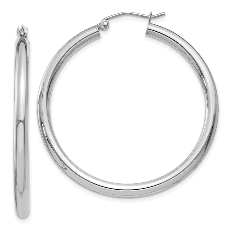 14K White Gold 3x40mm Polished Tube Hoop Earrings T847