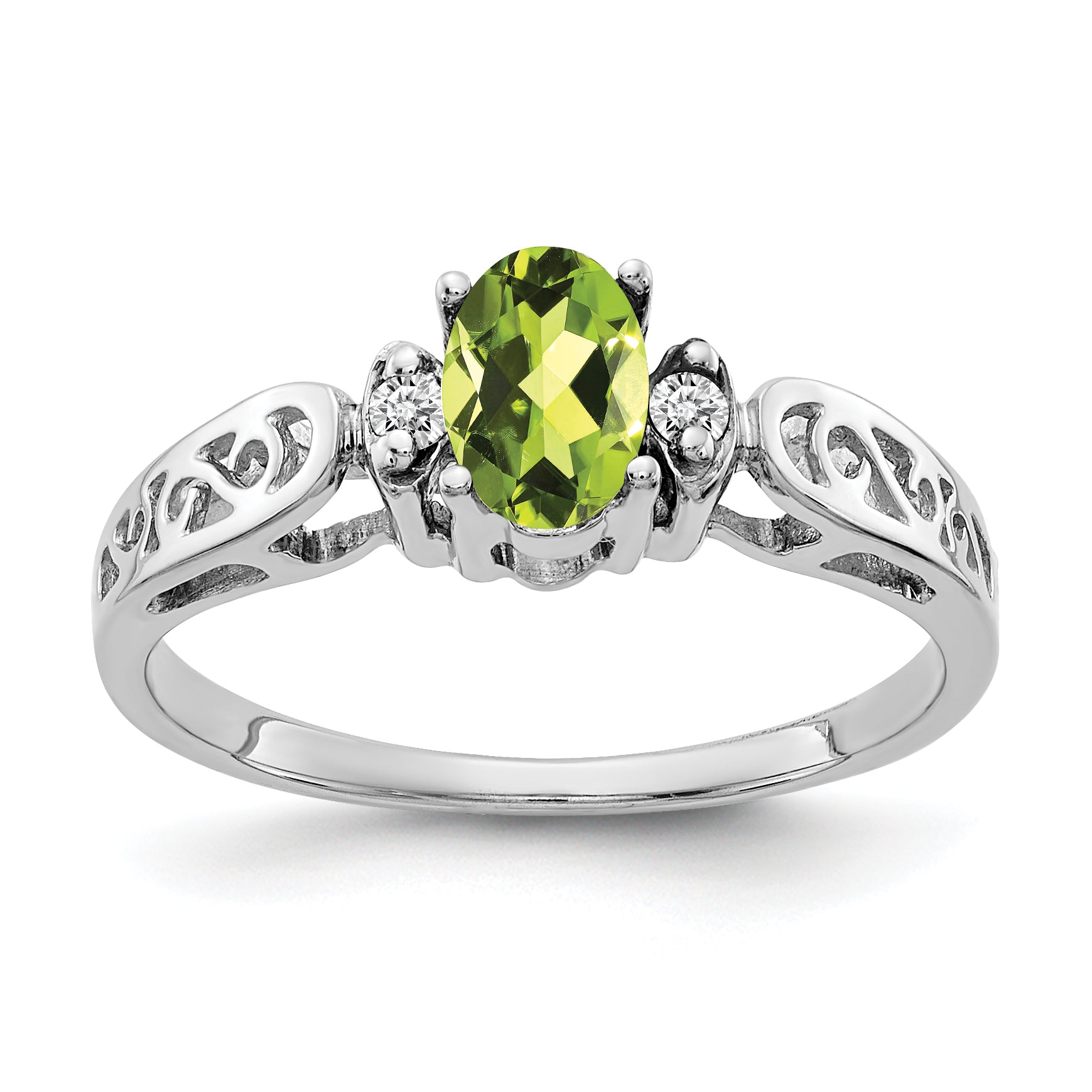 14k White Gold 6x4mm Oval Peridot and A Diamond Filigree Ring X9735PE/A