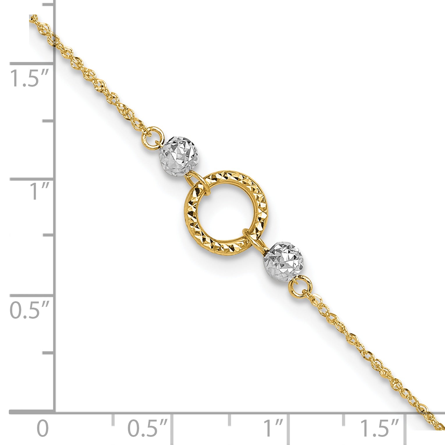 14k Two-tone Circle and Diamond-cut Beads 9 inch Plus 1 inch Bead Dangle Extender - Total 10 inch Anklet ANK228