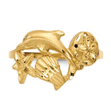 14k Polished and Satin Diamond-cut Dolphin/Starfish/Shell/Sand Dollar Ring R597