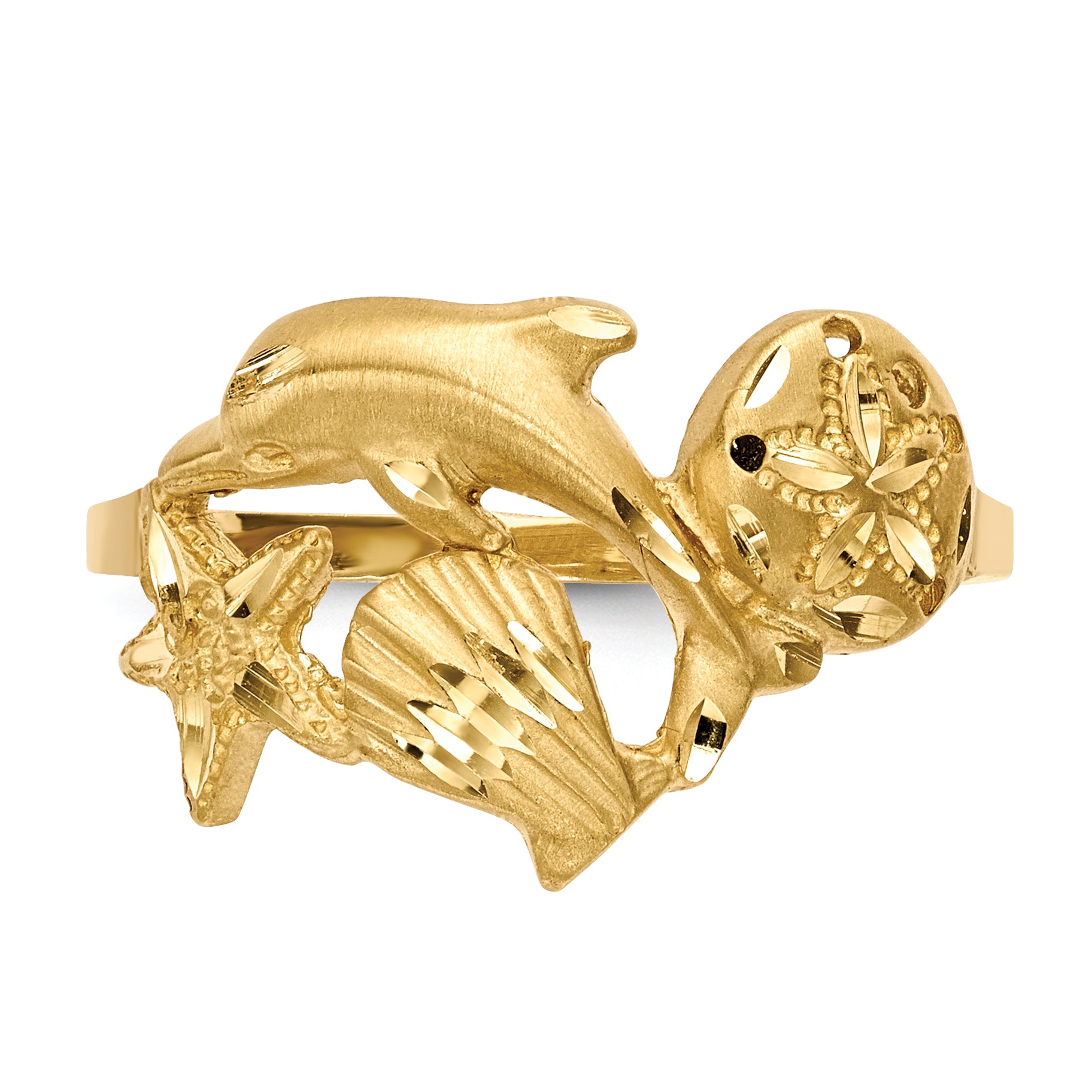 14k Polished and Satin Diamond-cut Dolphin/Starfish/Shell/Sand Dollar Ring R597