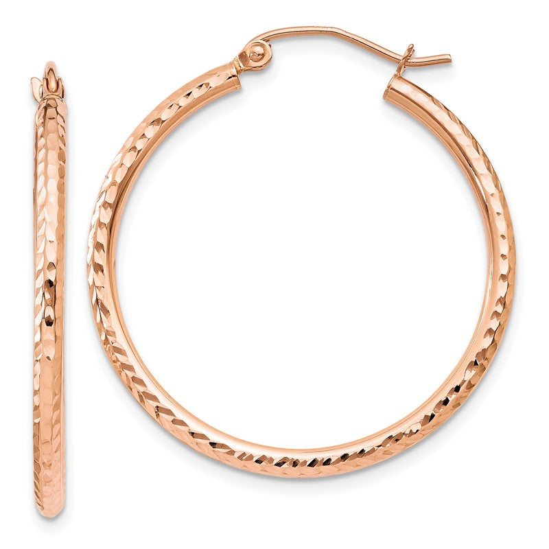 14k Rose Gold 2x30mm Diamond-cut Polished Tube Hoop Earrings TE518