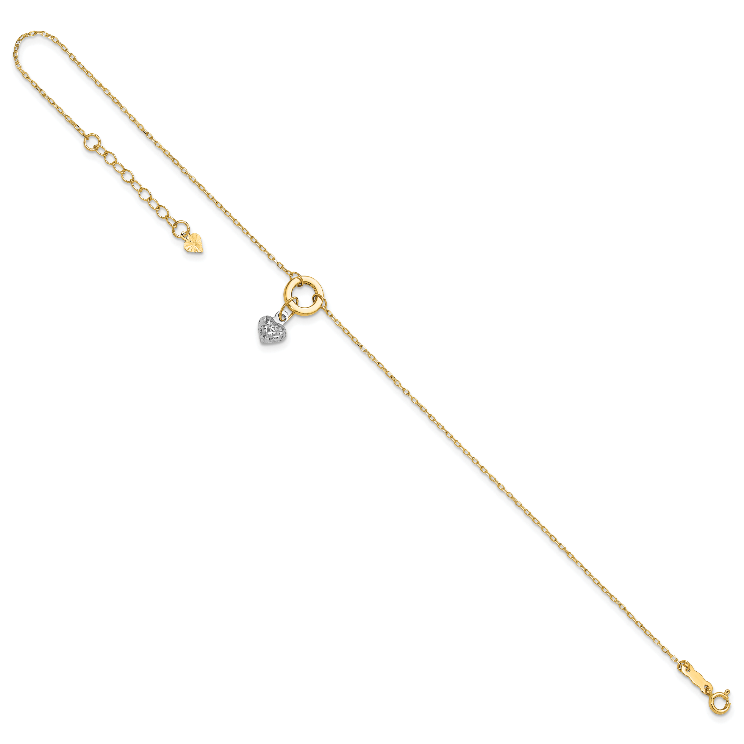 14K Two-tone Circle with Diamond-cut Puffed Heart Dangle 9 inch Plus 1 inch Extender - Total 10 inch Anklet ANK243