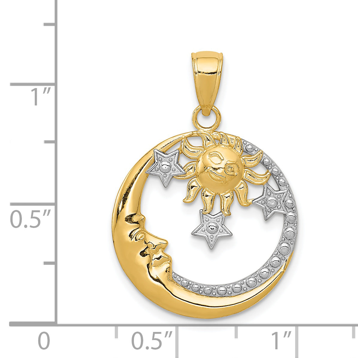 14k and White Rhodium Diamond-cut Moon/Stars/Sun Pendant M2867