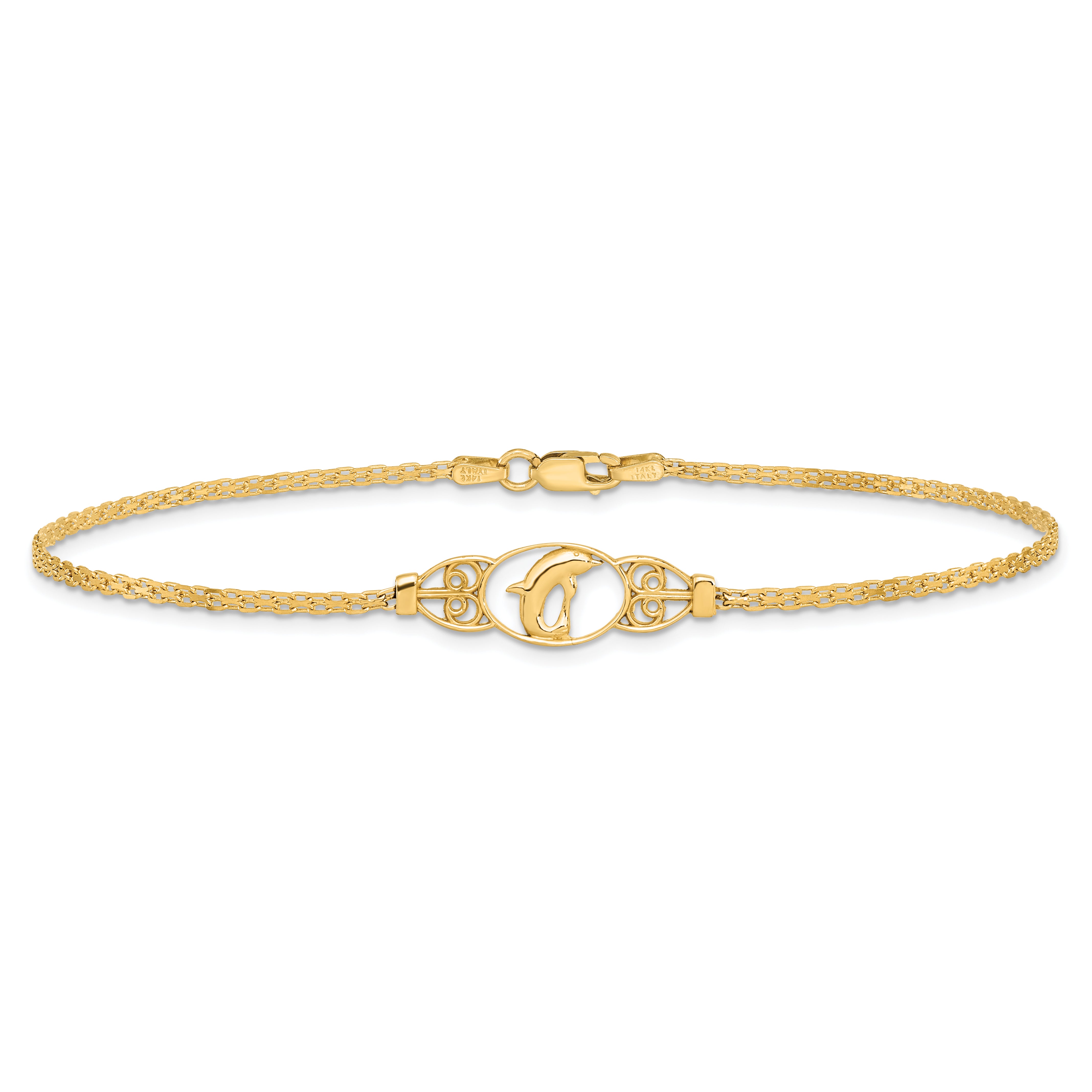 14k Polished Dolphin and Filigree Bismark Chain 10 inch Anklet ANK2