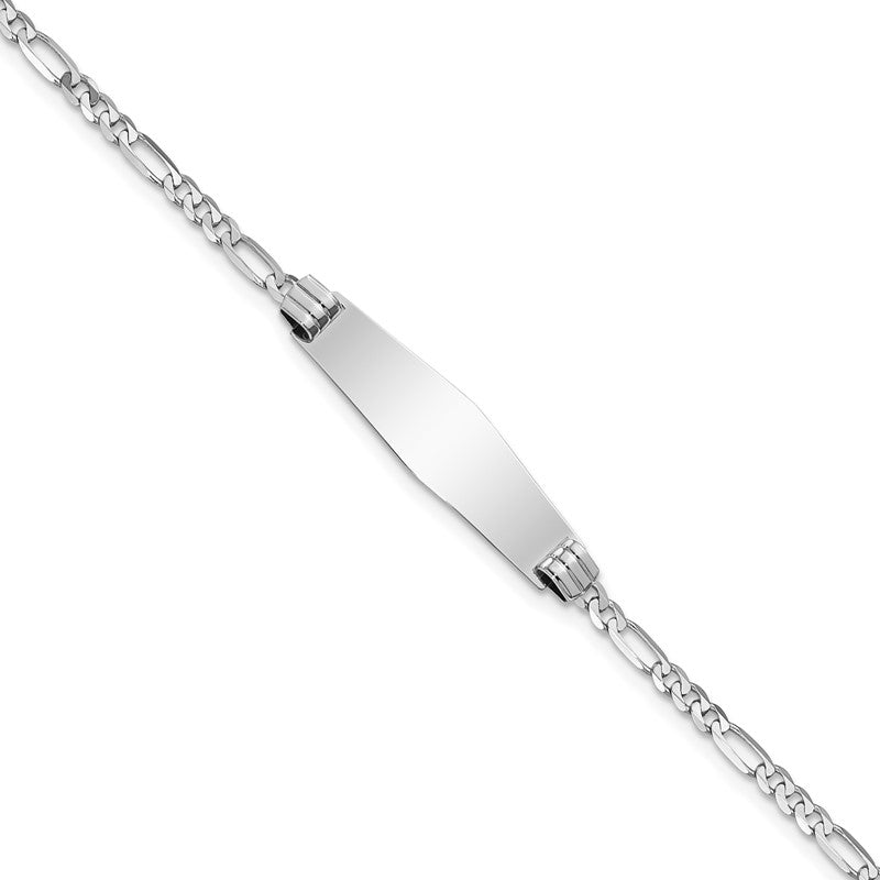 14k White Gold Polished Solid Chain/Solid Plate Figaro Link Soft Diamond Shape 24.5x7.5mm Plate 7 inch ID Bracelet FG80IDCW