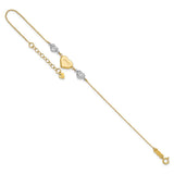14K Two-tone Puffed LOVE Heart and Diamond-cut Beads 7 inch Bracelet Plus 1 inch Heart Dangle Extender ANK276