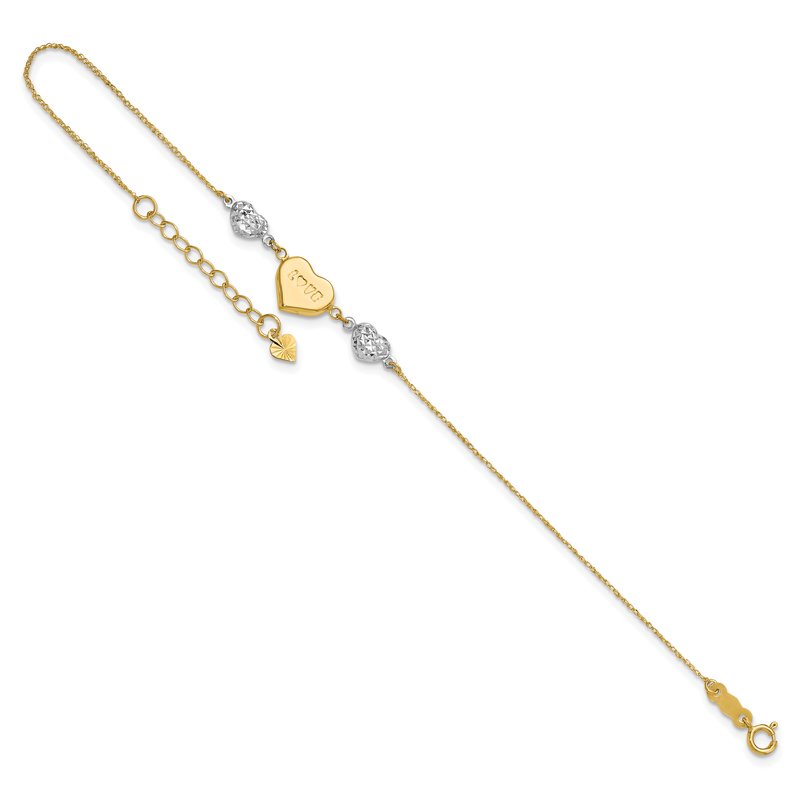 14K Two-tone Puffed LOVE Heart and Diamond-cut Beads 7 inch Bracelet Plus 1 inch Heart Dangle Extender ANK276