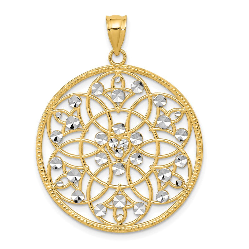14K and White Rhodium Diamond-cut Circle Pendant K3484